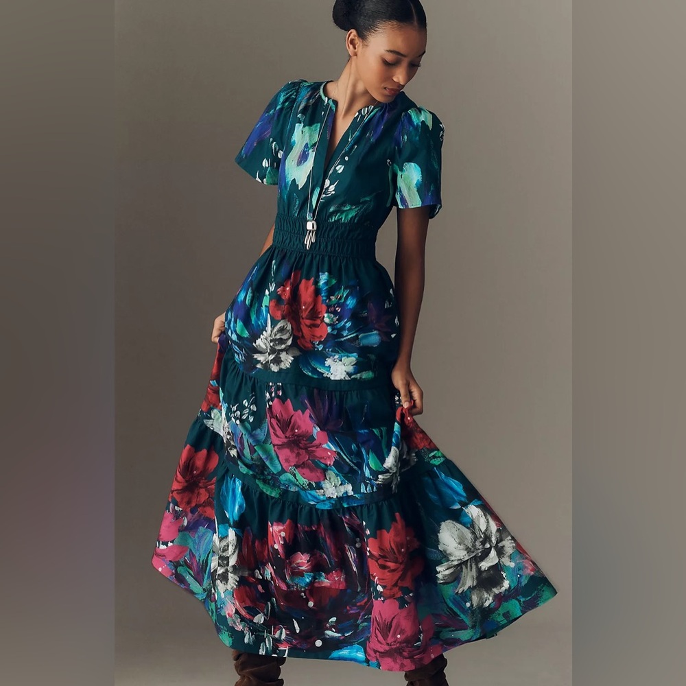 Anthropologie Floral Maxi Dress in Teal, Red, Pink, Blue
